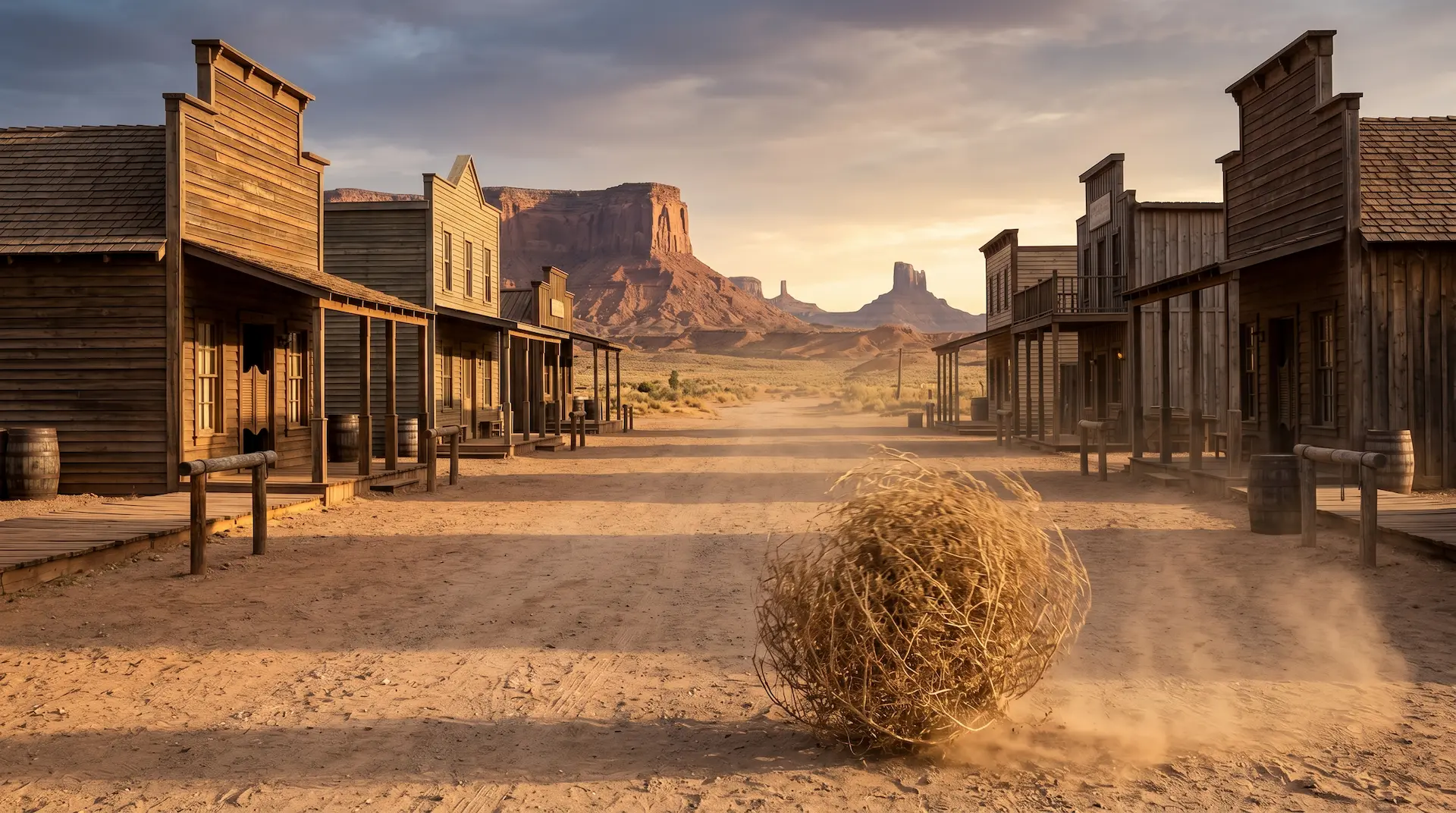 Empty old-west ghost town with a tumbleweed rolling down the dusty street
